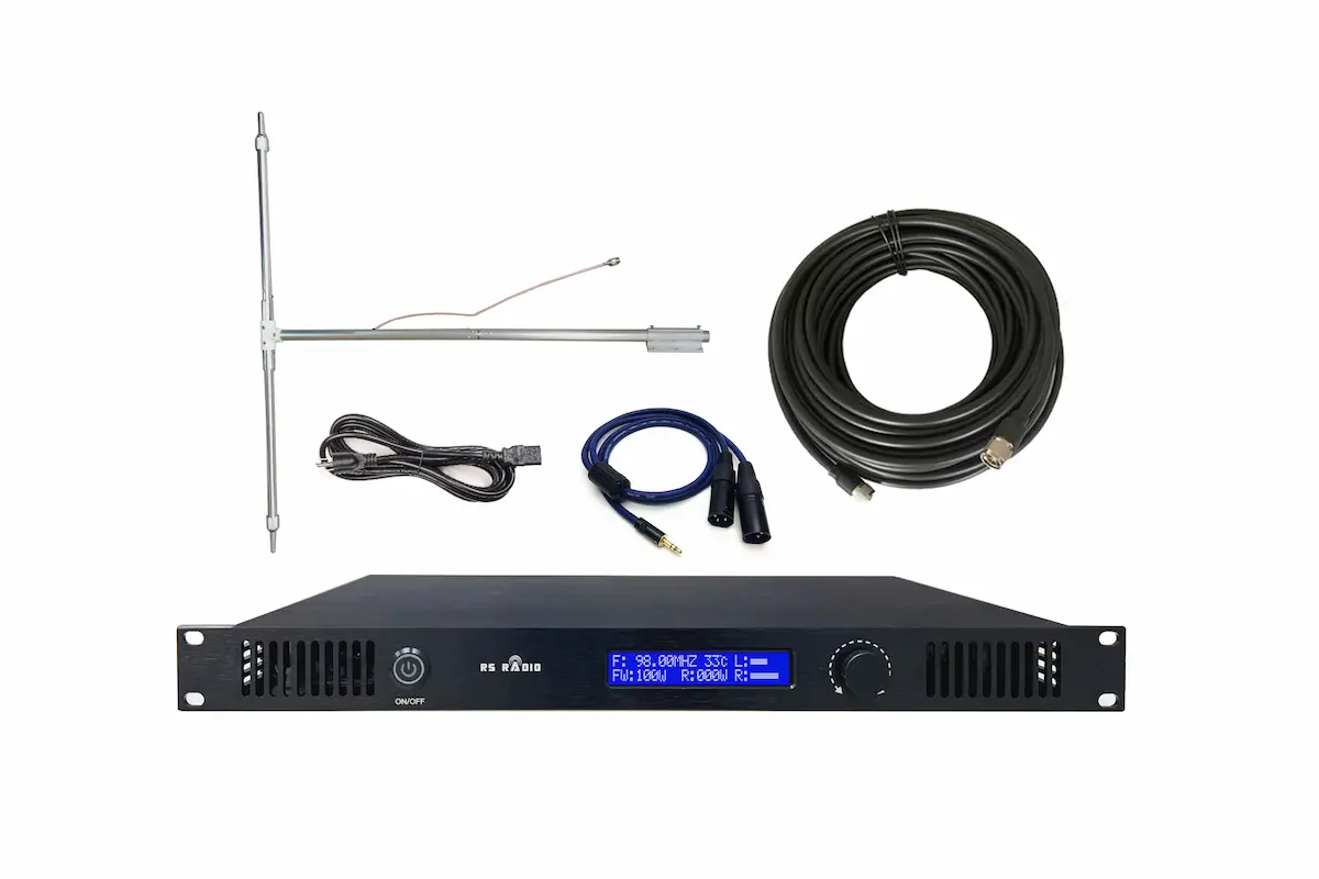 Complete 50W FM radio station setup diagram showing transmitter, coaxial cable, and antenna