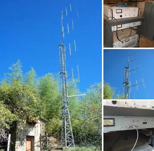 Diagram showing an antenna radiating electromagnetic waves outward from a broadcast tower