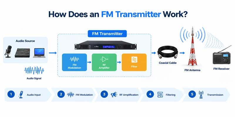 FM broadcast transmitter connected to antenna tower for radio signal transmission