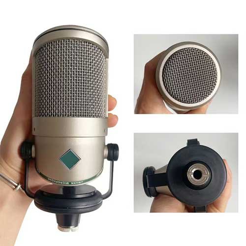 Large-diaphragm condenser microphone with shock mount for studio recording