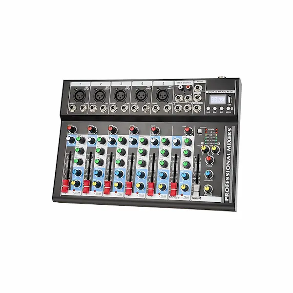 7-channel audio mixing console front panel